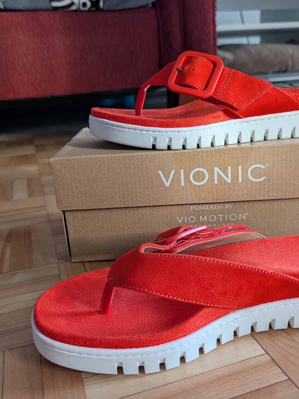 Vionic Orange Suede Buckle Thong Sandals - Picture 2 of 5